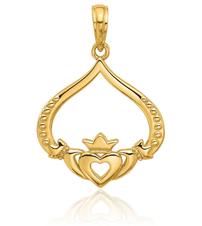 14K Solid Yellow Gold Heart Irish Claddagh Celtic Necklace Chain Pendant Charm Jewelry