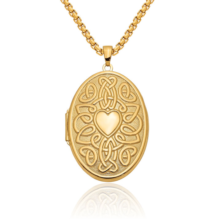 14K Solid Yellow Gold Heart Irish Claddagh Celtic Oval Personalized Photo Locket Necklace Picture Pendant Charm Jewelry