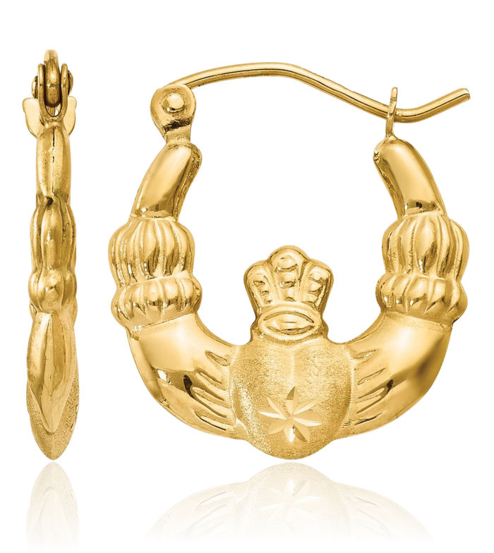 14K Solid Yellow Gold Heart Irish Claddagh Celtic Small Hoop Earrings Jewelry