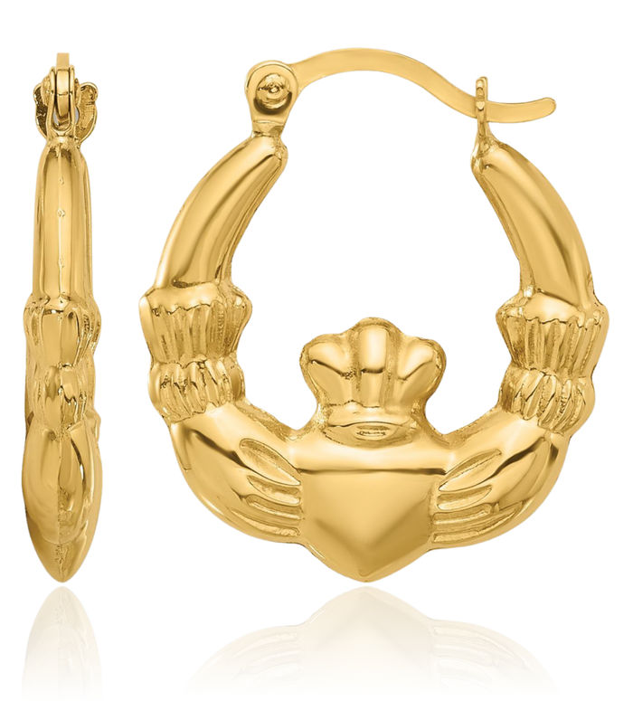 14K Solid Yellow Gold Heart Irish Claddagh Celtic Small Hoop Earrings Jewelry