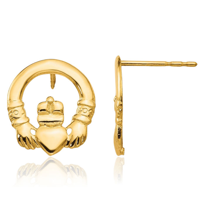 14K Solid Yellow Gold Heart Irish Claddagh Celtic Stud Earrings Jewelry