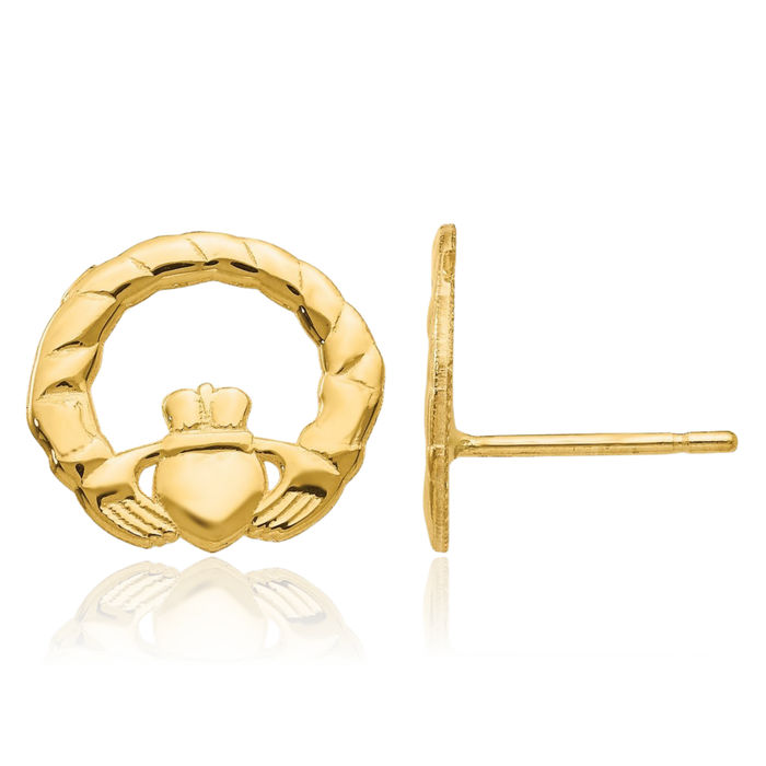 14K Solid Yellow Gold Heart Irish Claddagh Celtic Stud Earrings Jewelry
