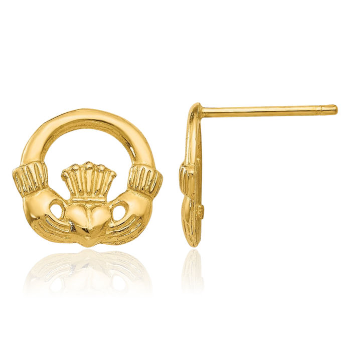 14K Solid Yellow Gold Heart Irish Claddagh Celtic Stud Earrings Jewelry