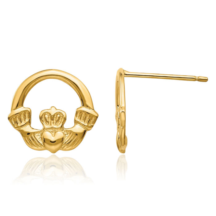 14K Solid Yellow Gold Heart Irish Claddagh Celtic Stud Earrings Jewelry