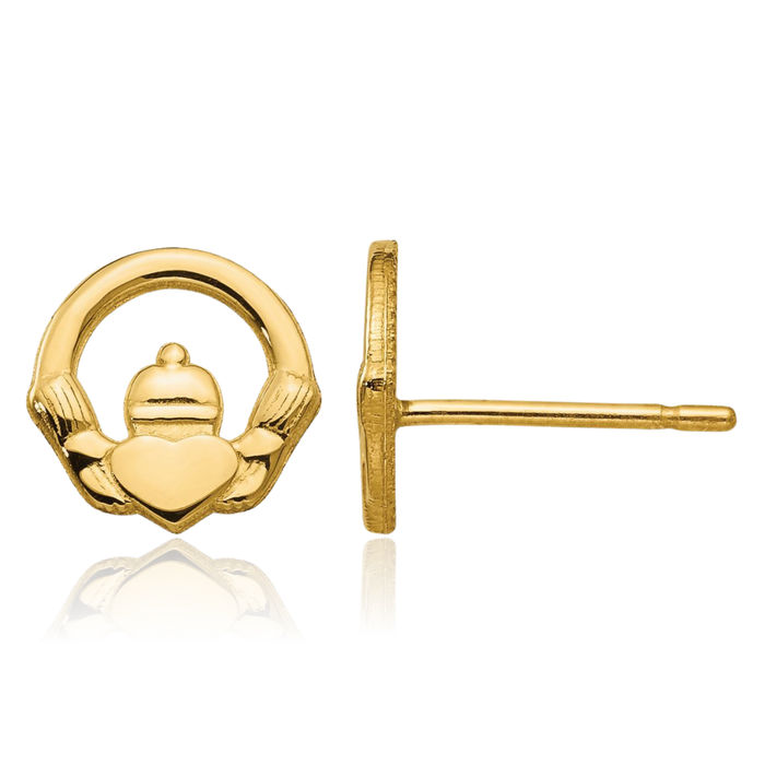 14K Solid Yellow Gold Heart Irish Claddagh Celtic Stud Earrings Jewelry