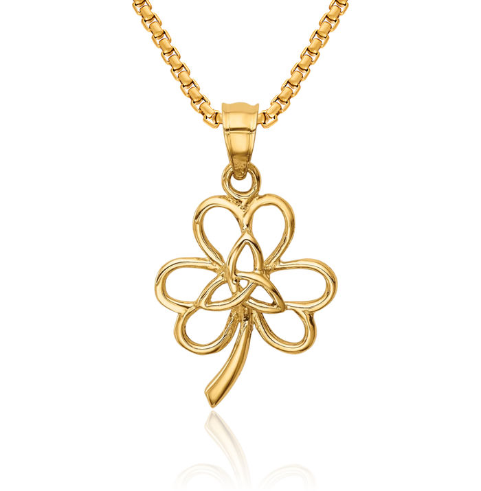 14K Solid Yellow Gold Heart Irish Claddagh Celtic Trinity Knot Lucky Clover Shamrock Flower Leaf Necklace Pendant Triquetra Charm Jewelry