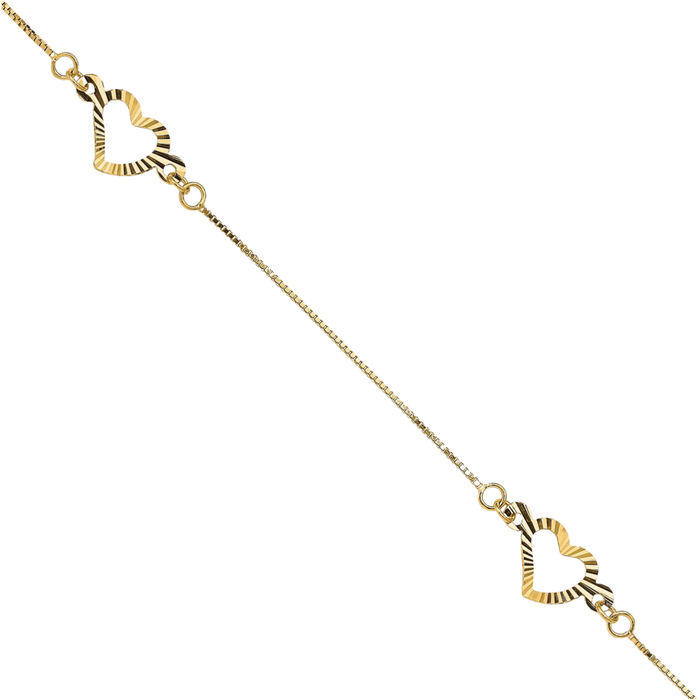 14K Solid Yellow Gold Heart Chain Charm Bracelet