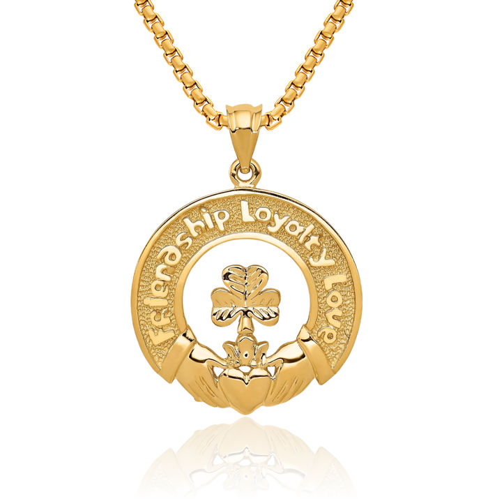 14K Solid Yellow Gold Heart Irish Claddagh Leaf Necklace Celtic Charm Pendant Jewelry