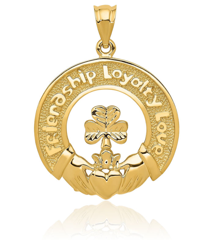 14K Solid Yellow Gold Heart Irish Claddagh Leaf Necklace Celtic Charm Pendant Jewelry