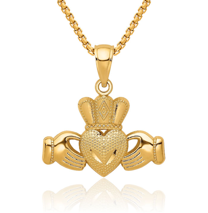 14K Solid Yellow Gold Heart Irish Claddagh Necklace Celtic Charm Pendant Jewelry
