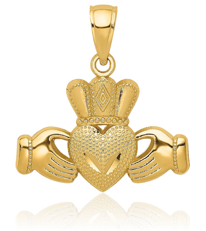 14K Solid Yellow Gold Heart Irish Claddagh Necklace Celtic Charm Pendant Jewelry