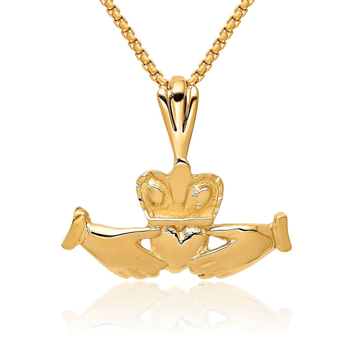 14K Solid Yellow Gold Heart Irish Claddagh Necklace Celtic Charm Pendant Jewelry