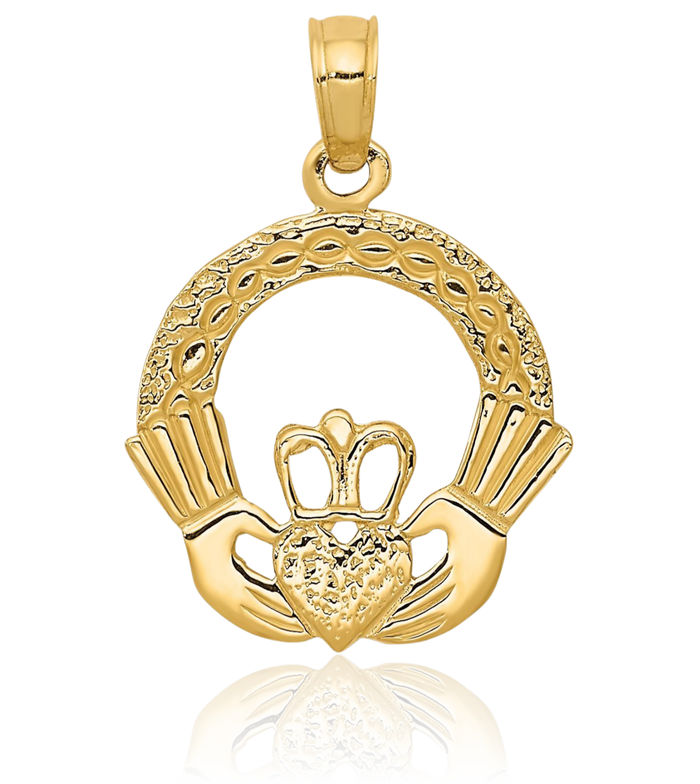 14K Solid Yellow Gold Heart Irish Claddagh Necklace Celtic Charm Pendant Jewelry