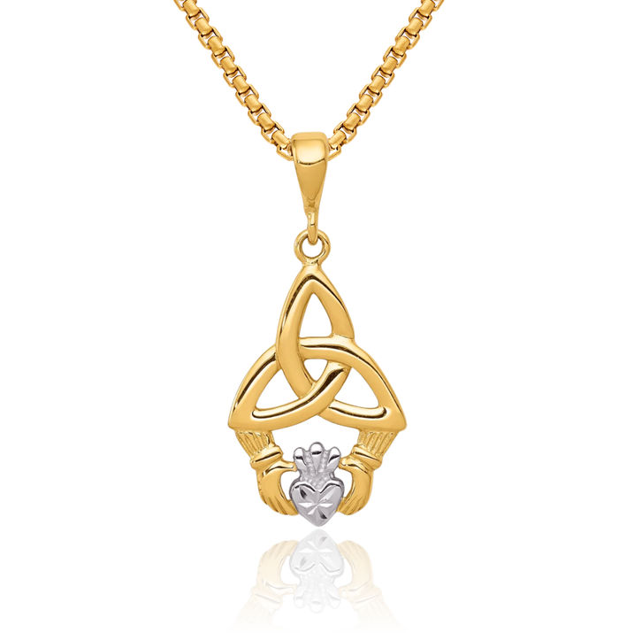 14K Solid Yellow Gold Heart Irish Claddagh Necklace Celtic Charm Pendant Jewelry