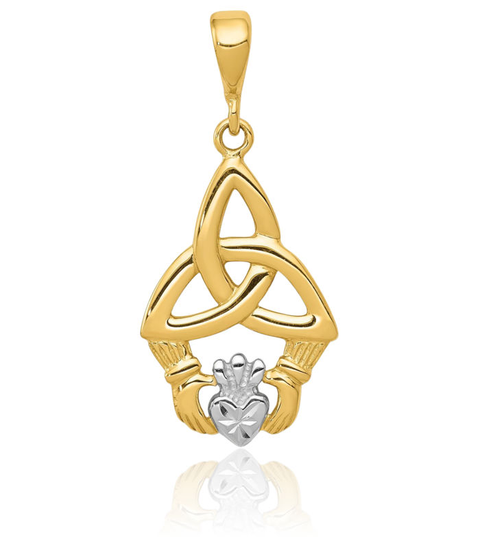 14K Solid Yellow Gold Heart Irish Claddagh Necklace Celtic Charm Pendant Jewelry