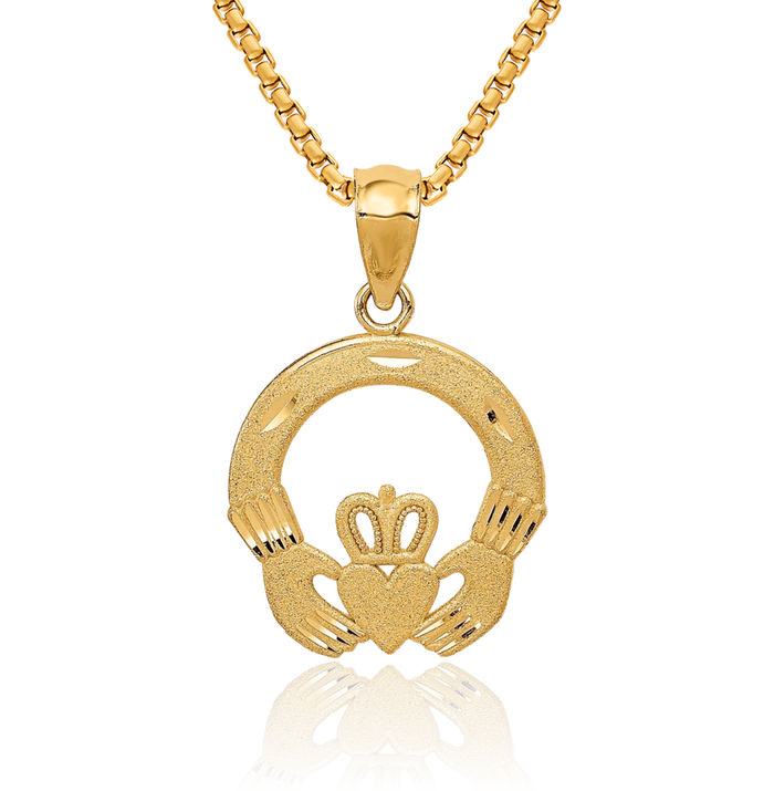 14K Solid Yellow Gold Heart Irish Claddagh Necklace Celtic Charm Pendant Jewelry