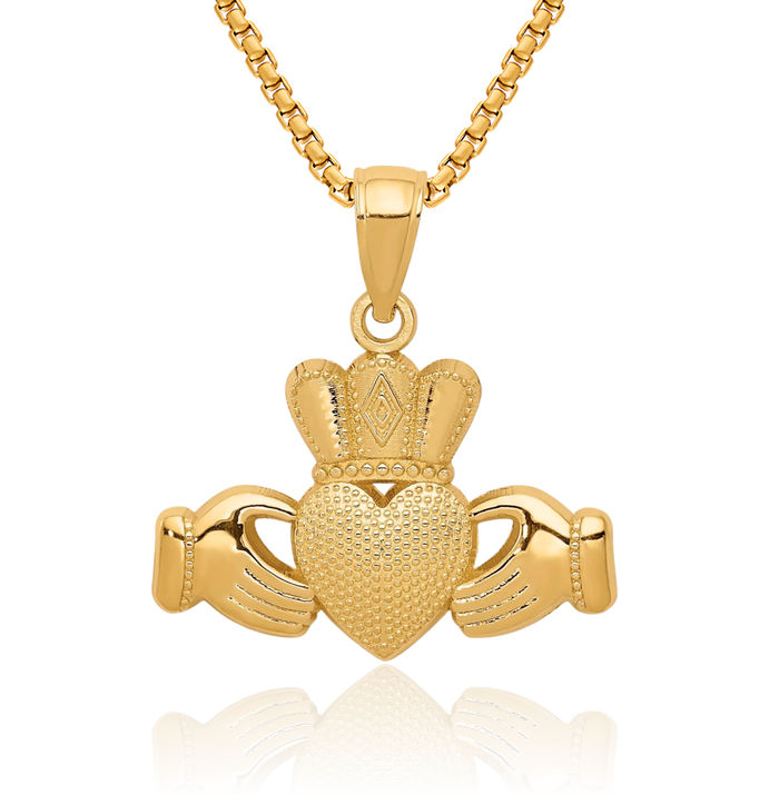 14K Solid Yellow Gold Heart Irish Claddagh Necklace Celtic Charm Pendant Crown Jewelry