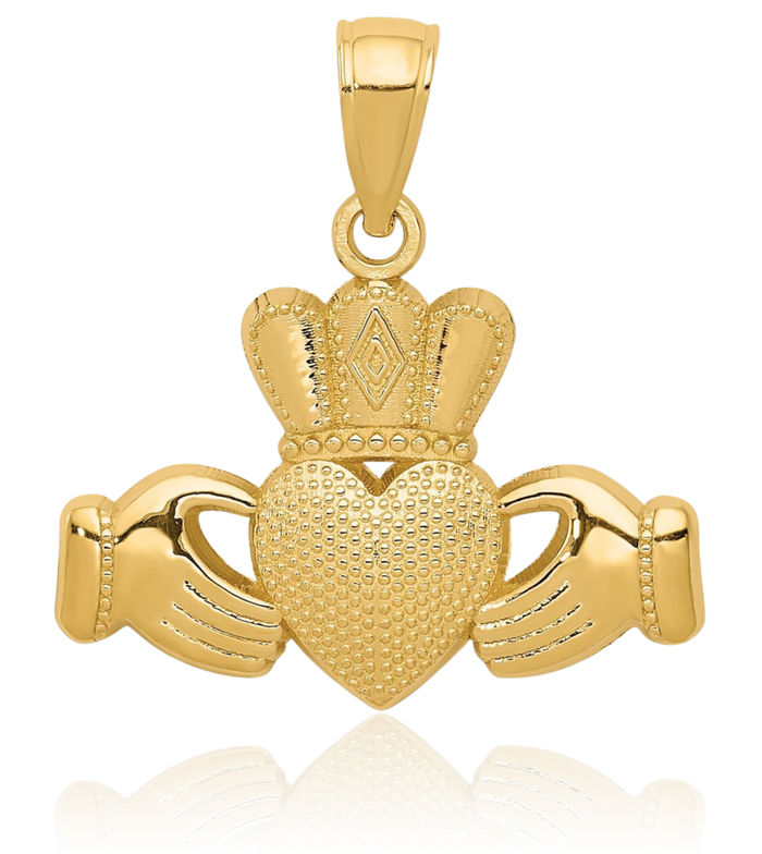 14K Solid Yellow Gold Heart Irish Claddagh Necklace Celtic Charm Pendant Crown Jewelry