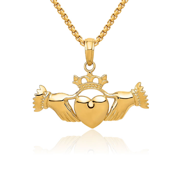 14K Solid Yellow Gold Heart Irish Claddagh Necklace Celtic Charm Pendant Jewelry