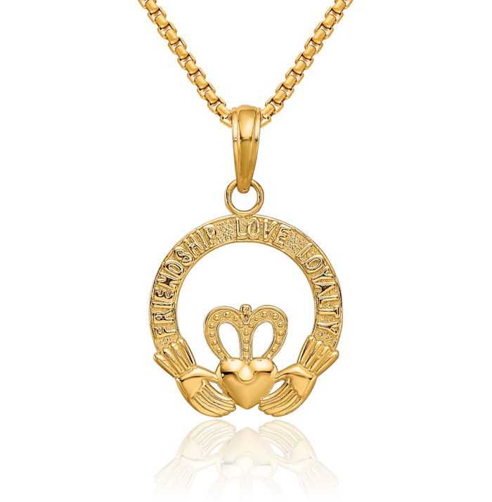 14K Solid Yellow Gold Heart Irish Claddagh Necklace Celtic Charm Pendant Jewelry