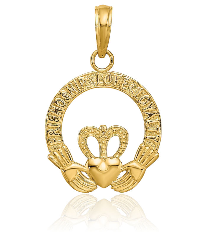 14K Solid Yellow Gold Heart Irish Claddagh Necklace Celtic Charm Pendant Jewelry
