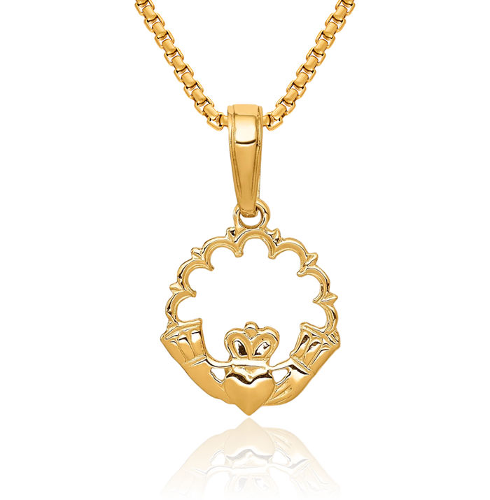 14K Solid Yellow Gold Heart Irish Claddagh Necklace Celtic Charm Pendant Jewelry