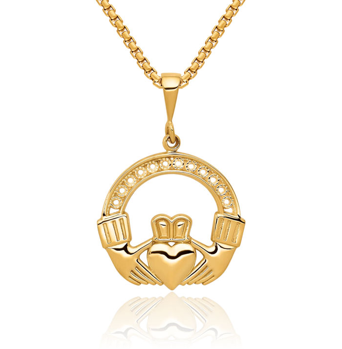 14K Solid Yellow Gold Heart Irish Claddagh Necklace Celtic Charm Pendant Jewelry