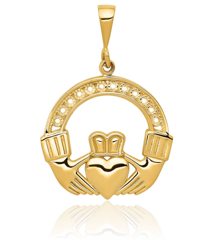 14K Solid Yellow Gold Heart Irish Claddagh Necklace Celtic Charm Pendant Jewelry