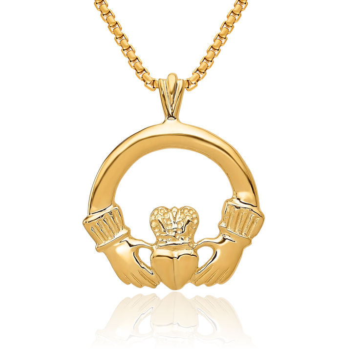 14K Solid Yellow Gold Heart Irish Claddagh Necklace Celtic Charm Pendant Jewelry