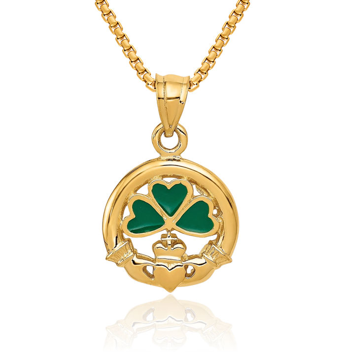 14K Solid Yellow Gold Heart Irish Claddagh Necklace Celtic Charm Pendant Jewelry