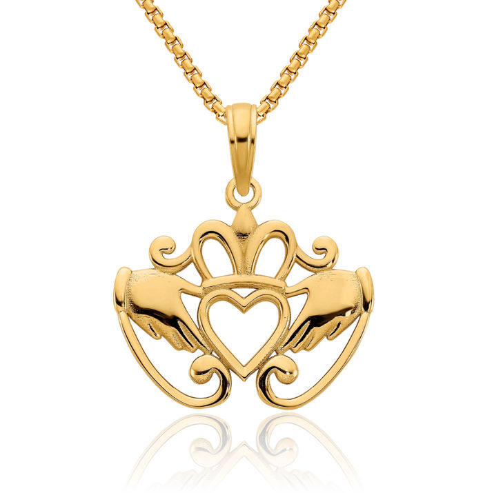 14K Solid Yellow Gold Heart Irish Claddagh Necklace Celtic Charm Pendant Jewelry