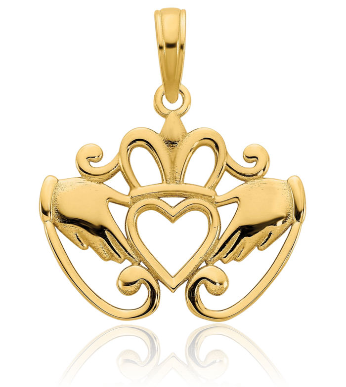 14K Solid Yellow Gold Heart Irish Claddagh Necklace Celtic Charm Pendant Jewelry