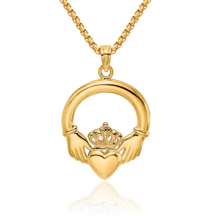 14K Solid Yellow Gold Heart Irish Claddagh Necklace Celtic Charm Pendant Jewelry