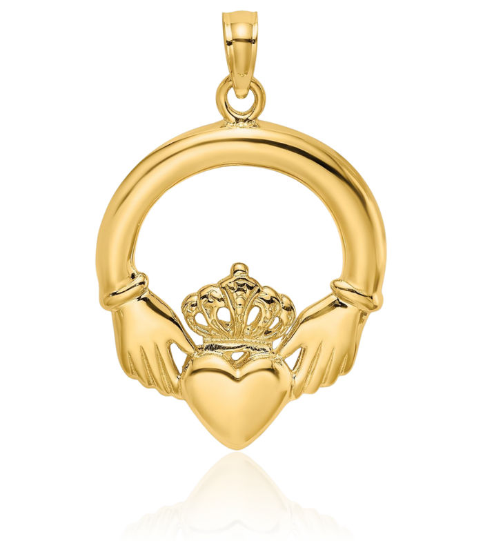 14K Solid Yellow Gold Heart Irish Claddagh Necklace Celtic Charm Pendant Jewelry