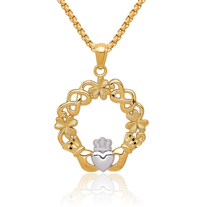 14K Solid Yellow Gold Heart Irish Claddagh Necklace Celtic Charm Pendant Jewelry