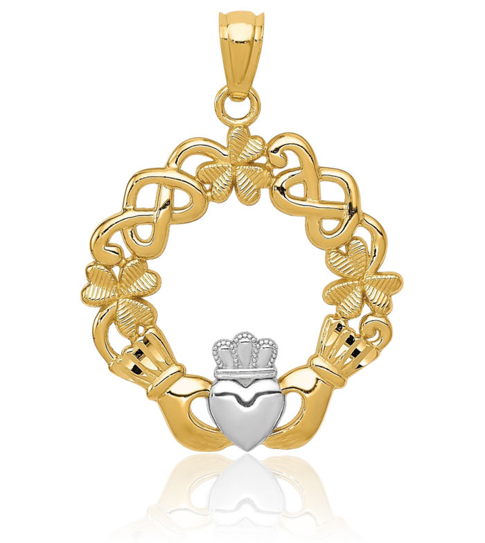 14K Solid Yellow Gold Heart Irish Claddagh Necklace Celtic Charm Pendant Jewelry