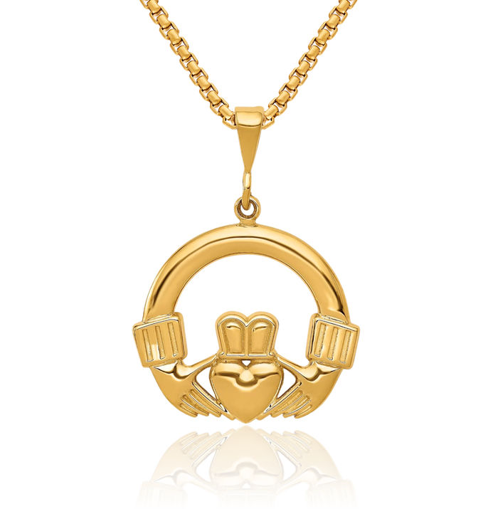 14K Solid Yellow Gold Heart Irish Claddagh Necklace Celtic Charm Pendant Jewelry
