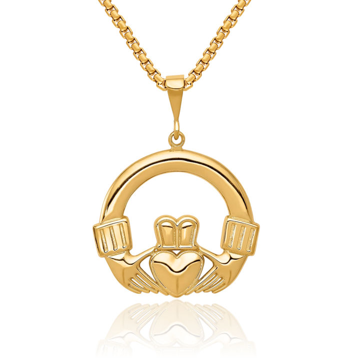 14K Solid Yellow Gold Heart Irish Claddagh Necklace Celtic Charm Pendant Jewelry