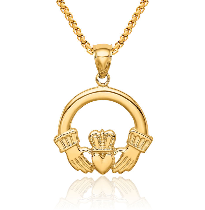 14K Solid Yellow Gold Heart Irish Claddagh Necklace Celtic Charm Pendant Jewelry