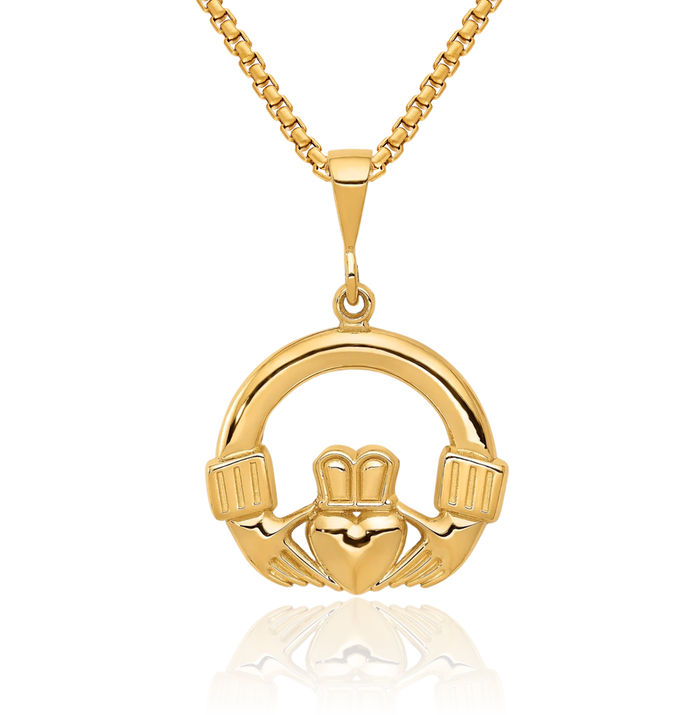 14K Solid Yellow Gold Heart Irish Claddagh Necklace Celtic Charm Pendant Jewelry