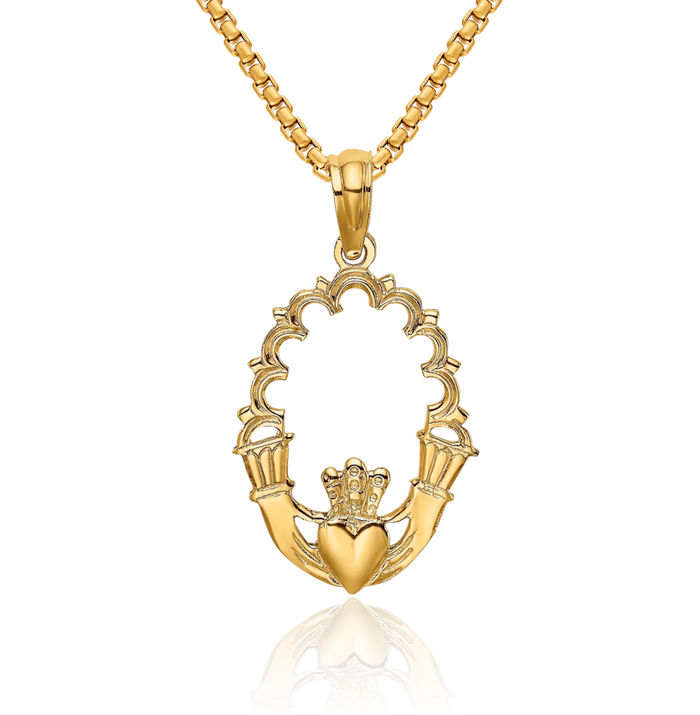 14K Solid Yellow Gold Heart Irish Claddagh Oval Necklace Celtic Charm Pendant Jewelry