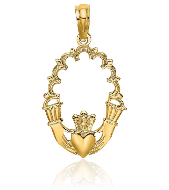 14K Solid Yellow Gold Heart Irish Claddagh Oval Necklace Celtic Charm Pendant Jewelry