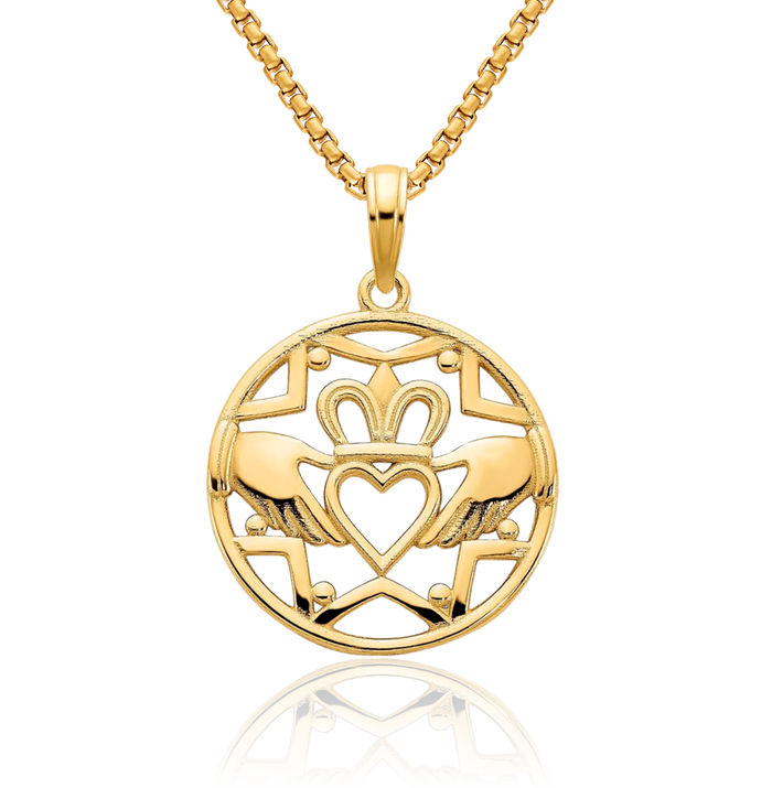14K Solid Yellow Gold Heart Irish Claddagh Circle Round Necklace Celtic Charm Pendant Jewelry