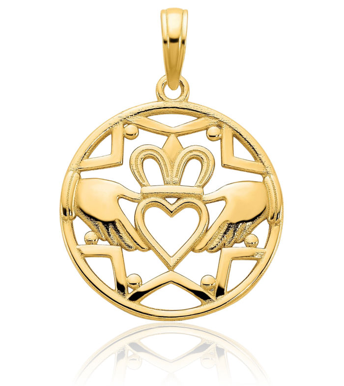 14K Solid Yellow Gold Heart Irish Claddagh Circle Round Necklace Celtic Charm Pendant Jewelry
