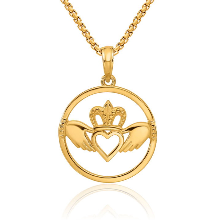 14K Solid Yellow Gold Heart Irish Claddagh Circle Round Necklace Celtic Charm Pendant Jewelry