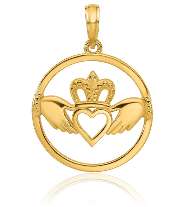 14K Solid Yellow Gold Heart Irish Claddagh Circle Round Necklace Celtic Charm Pendant Jewelry