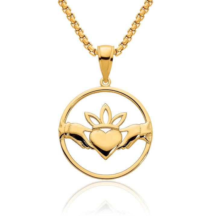 14K Solid Yellow Gold Heart Irish Claddagh Circle Round Necklace Celtic Charm Pendant Jewelry
