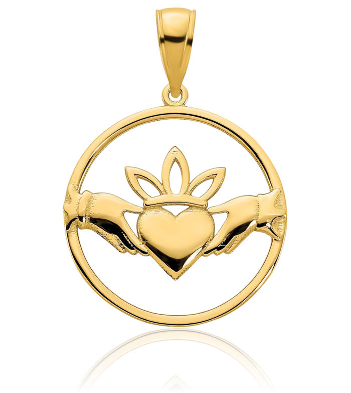 14K Solid Yellow Gold Heart Irish Claddagh Circle Round Necklace Celtic Charm Pendant Jewelry