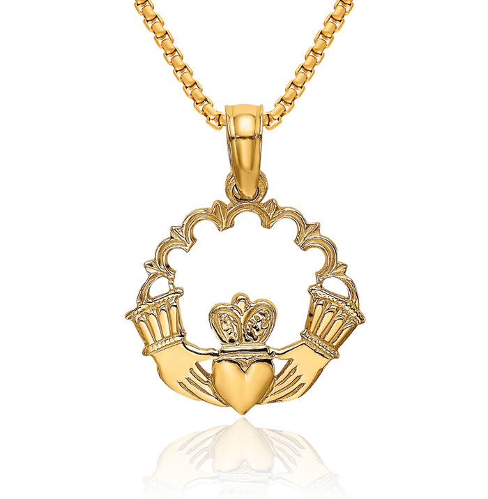 14K Solid Yellow Gold Heart Irish Claddagh Scallop Circle Round Necklace Celtic Charm Pendant Jewelry