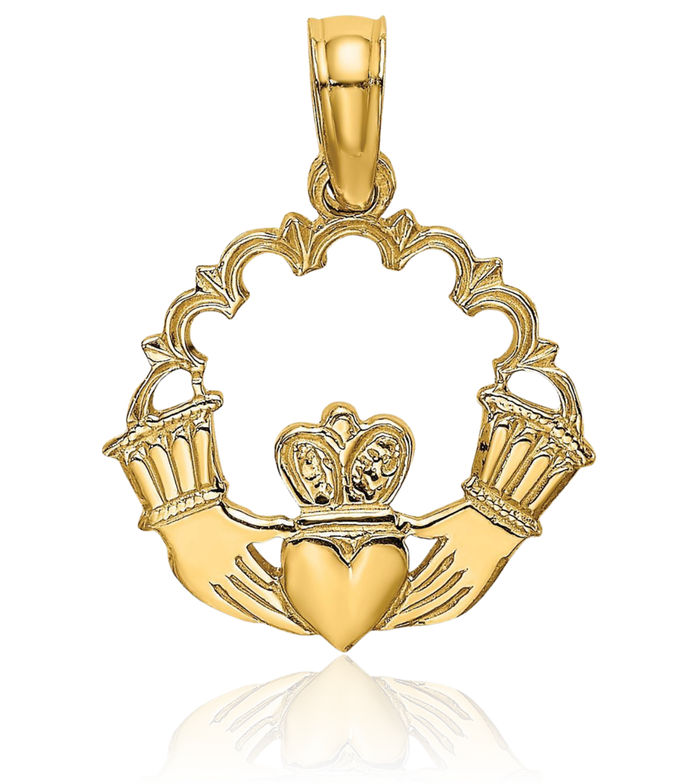 14K Solid Yellow Gold Heart Irish Claddagh Scallop Circle Round Necklace Celtic Charm Pendant Jewelry